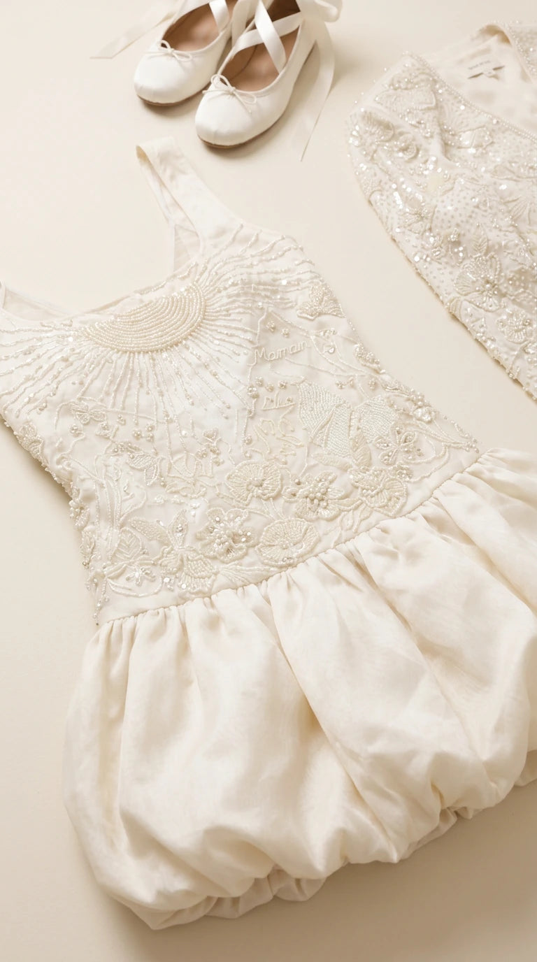 Flat lay close-up of intricate beading and embroidery on ivory mini dress bodice