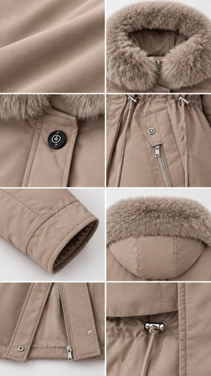 Detailed close-ups of parka fabric, faux fur hood trim, zipper pockets, and storm cuffs