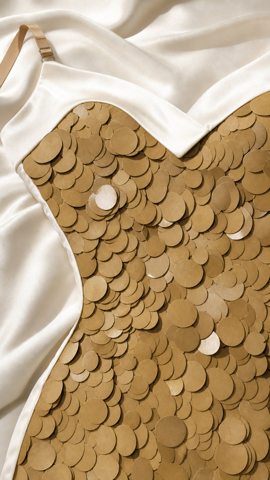 Close up detail of gold disc sequins and smooth ivory satin bodice trim