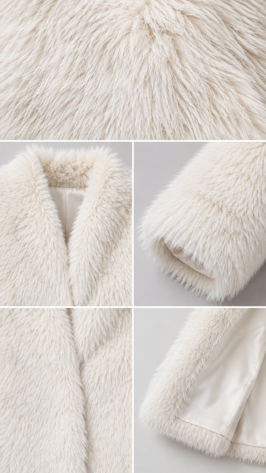 Close-up details of Cream faux fur texture, lapel collar, cuff, and satin lining