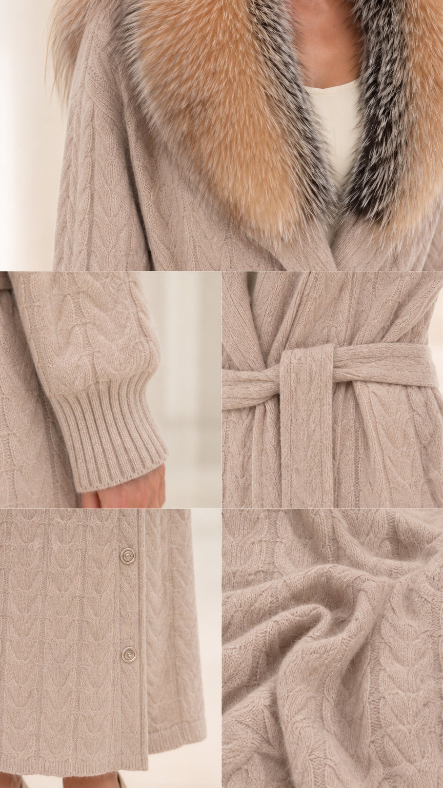 Detail view of faux fur collar, ribbed cuffs, side button hem, and cable knit texture
