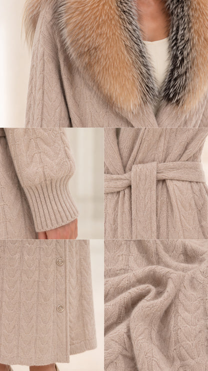 Detail view of faux fur collar, ribbed cuffs, side button hem, and cable knit texture
