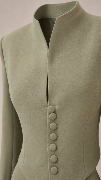 Close-up detail of sage green jacket collar and fabric-covered buttons