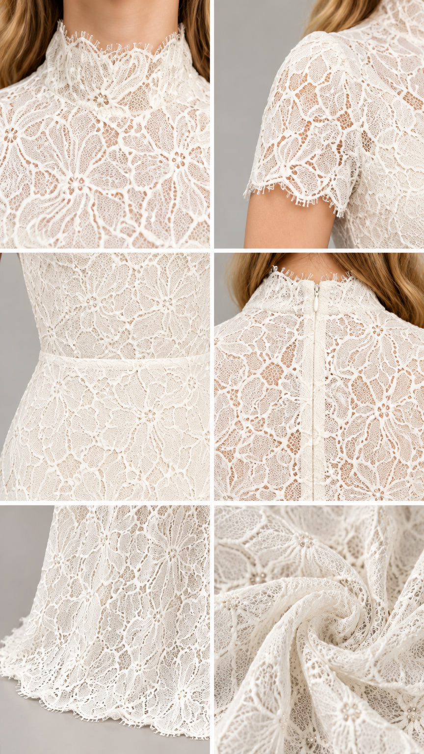Close-up details of floral lace texture, scalloped trim, and neckline craftsmanship