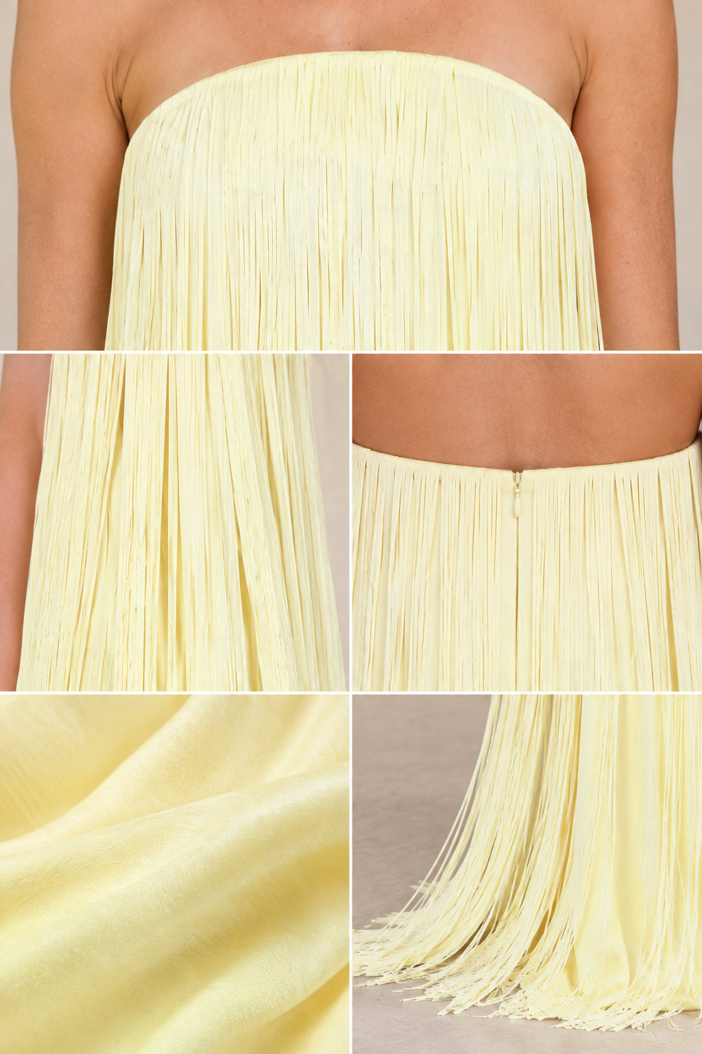 Detailed close-up collage of butter yellow fringe texture, neckline, and zipper