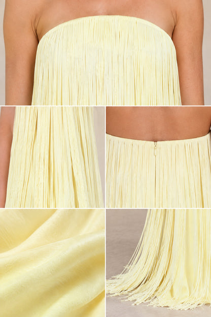 Detailed close-up collage of butter yellow fringe texture, neckline, and zipper