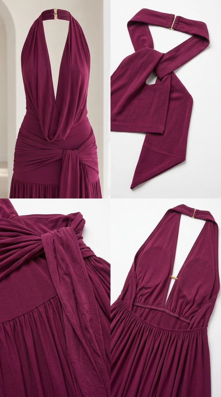 Close-up details of burgundy halter neckline, waist draping, and back closure