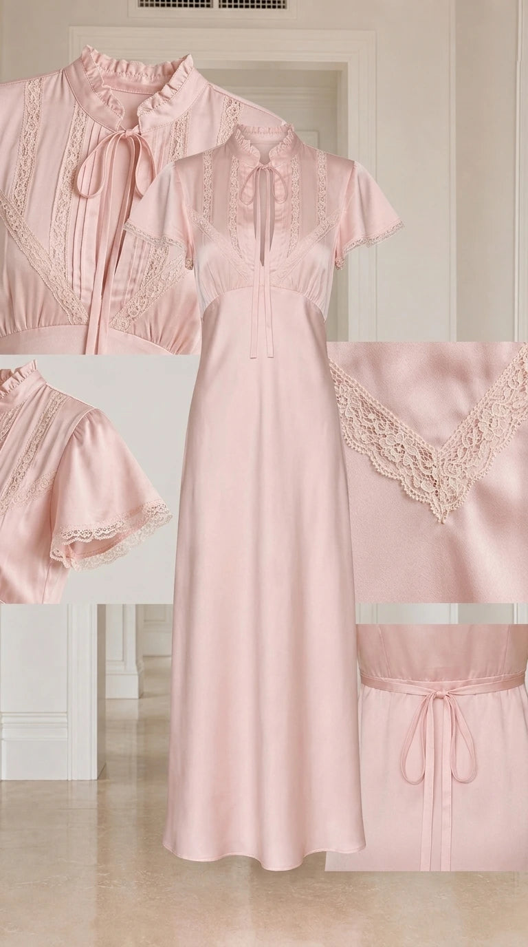 Close-up details of pink satin maxi dress lace and neckline