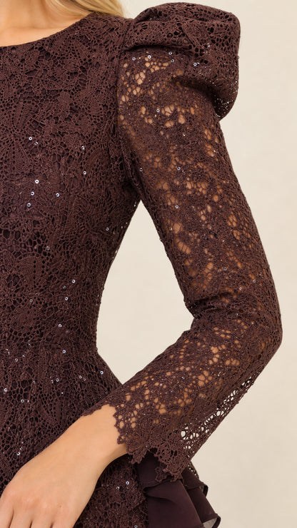 Close-up of sleeve and shoulder detail on dark brown lace dress