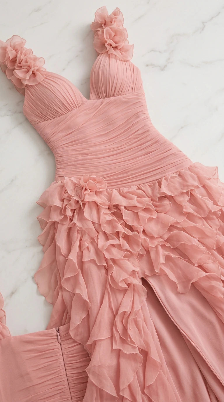 Close-up flat lay of dusty pink gown showing ruched bodice and 3D floral straps