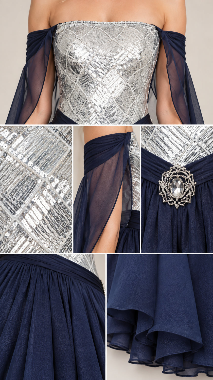 Close-up detail shots of silver geometric sequin fabric, brooch waistband, and layered chiffon