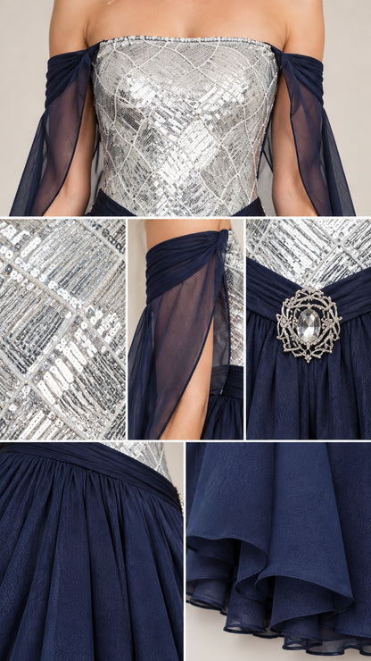 Close-up detail shots of silver geometric sequin fabric, brooch waistband, and layered chiffon