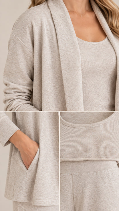 Close-up details of cardigan collar, side pocket, and ribbed texture on Oatmeal knit set