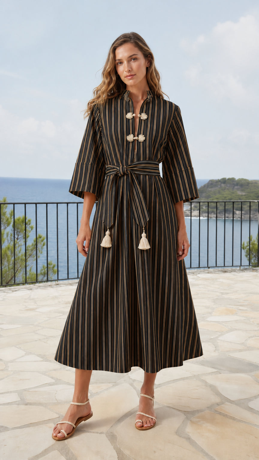 Model wearing black vertical striped midi dress with tassel belt