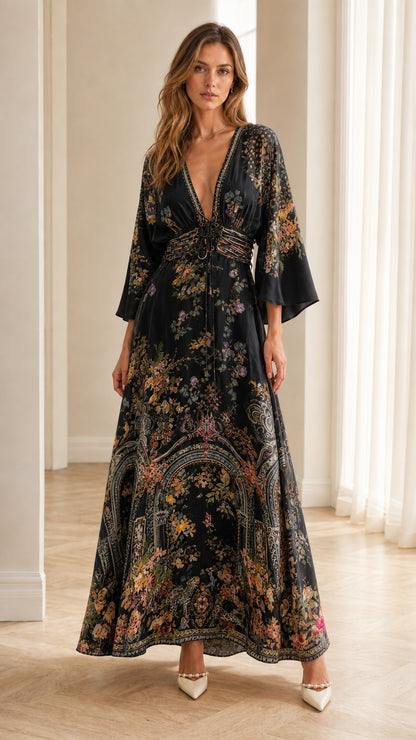 Front view of black floral bohemian maxi dress