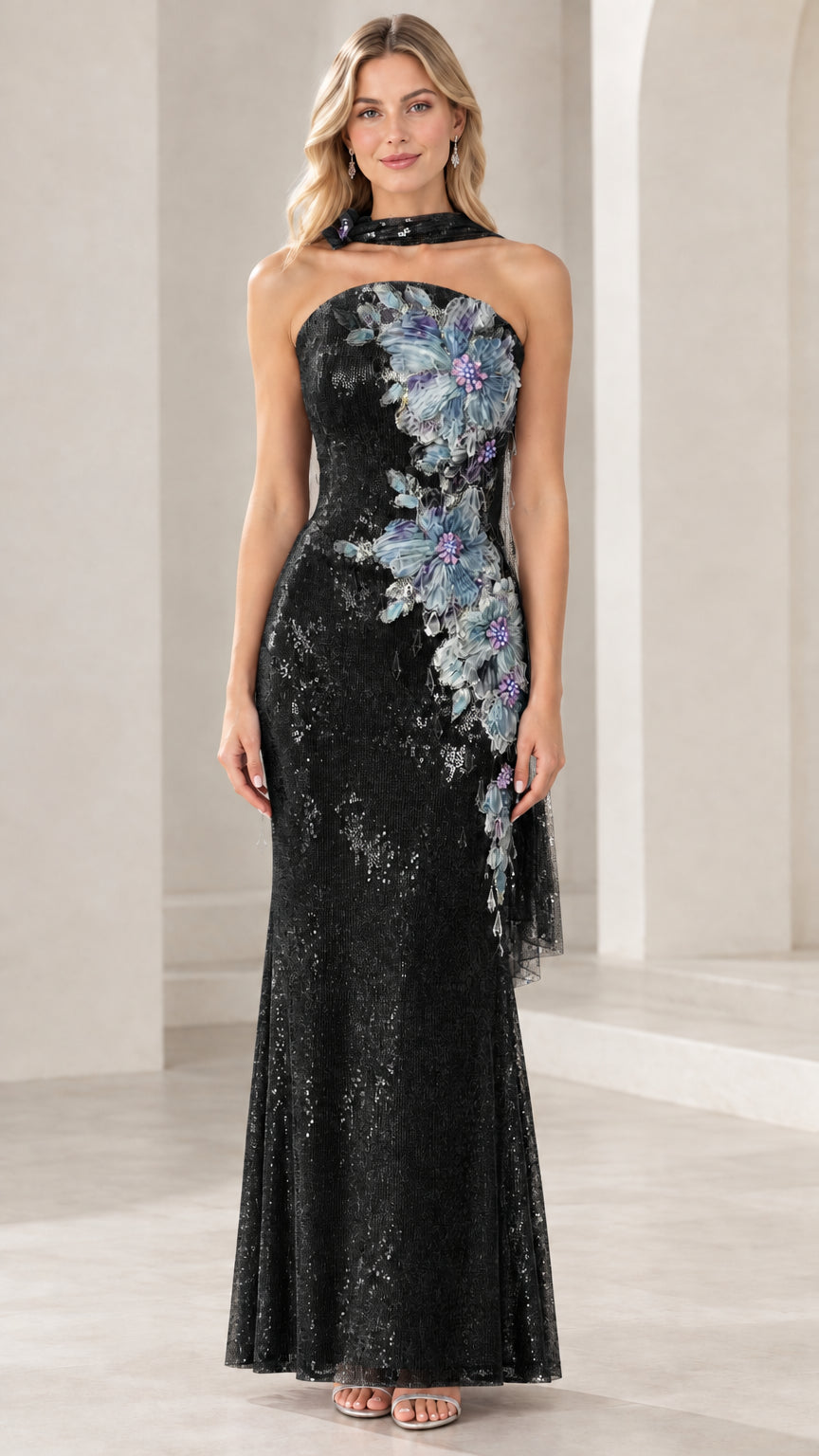 Black strapless sequin evening gown with blue and lavender floral appliqué