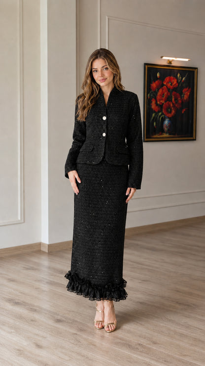 Classic black tweed blazer and ruffle maxi skirt two-piece set