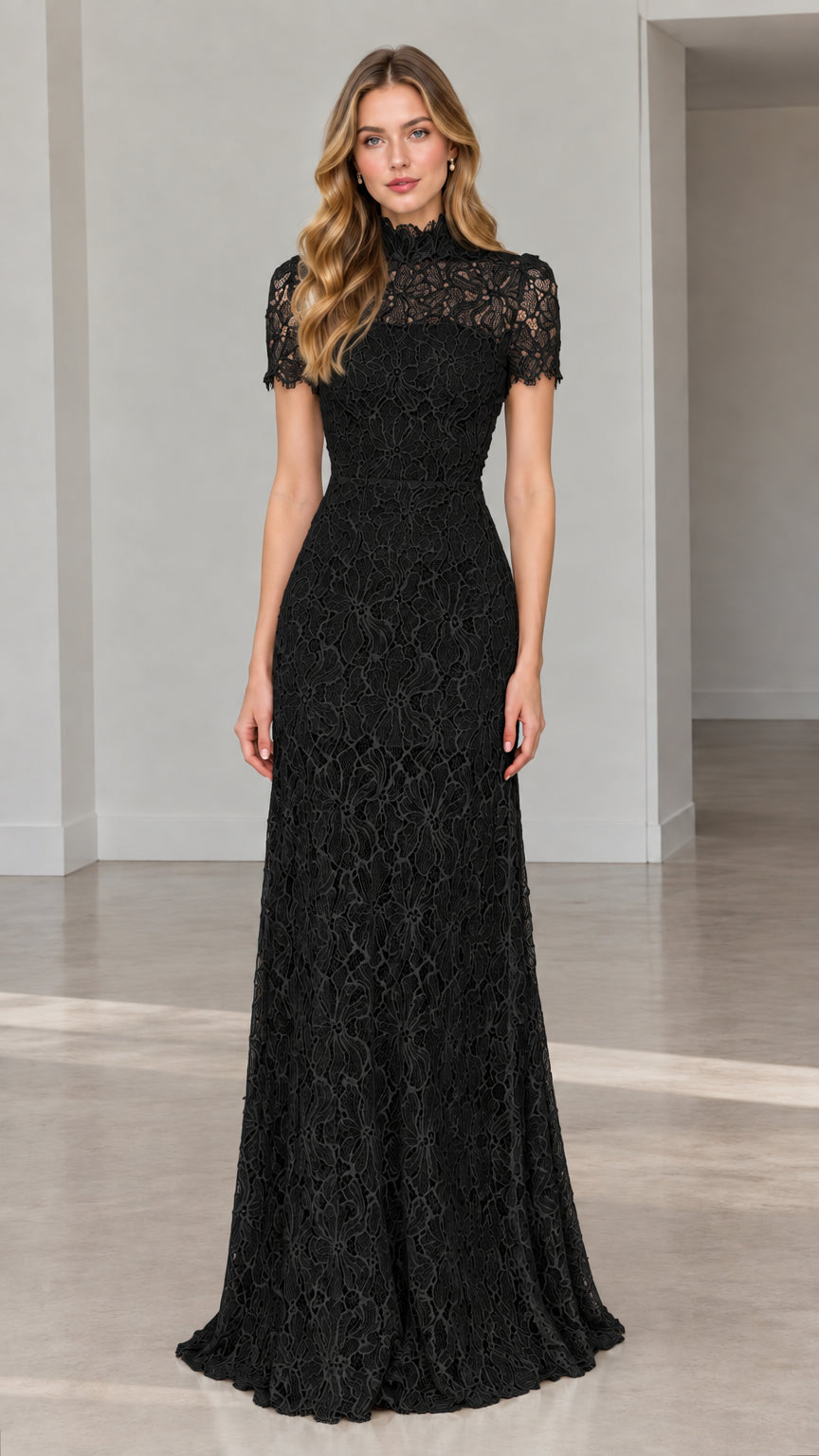 Front full-length view of model wearing black high-neck floral lace evening dress