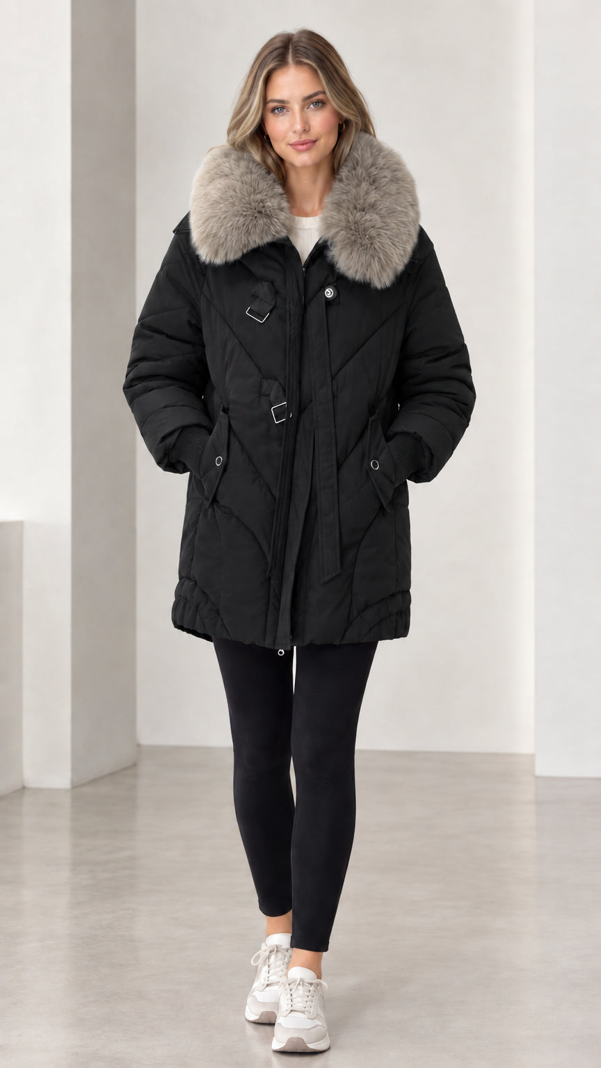 Front full-length view of model wearing black faux fur collar quilted puffer parka