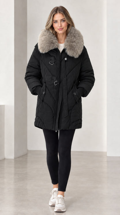 Front full-length view of model wearing black faux fur collar quilted puffer parka