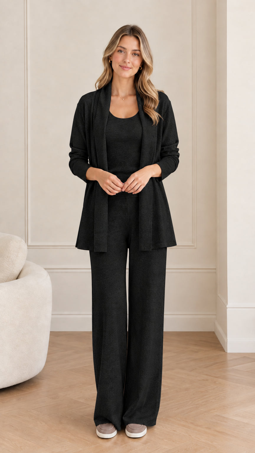 Front view of woman wearing Black 3-piece knit loungewear set