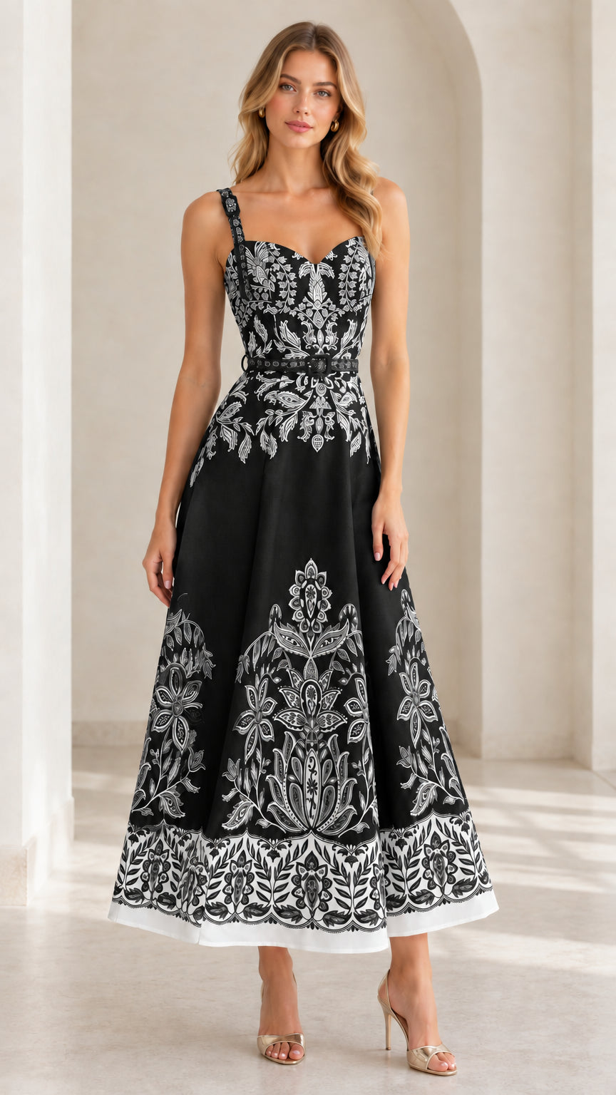 Black and white baroque floral print sweetheart midi dress on model