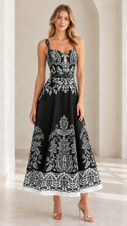 Black and white baroque floral print sweetheart midi dress on model