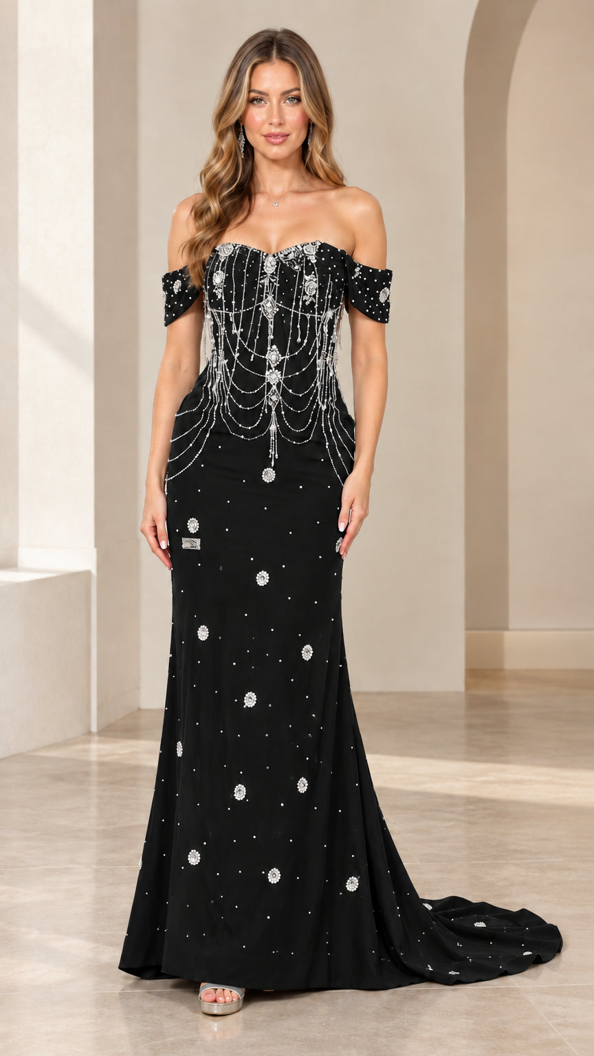 Model wearing black off-the-shoulder beaded mermaid evening gown