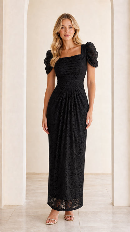 Black square neck ruched lace maxi evening dress front view