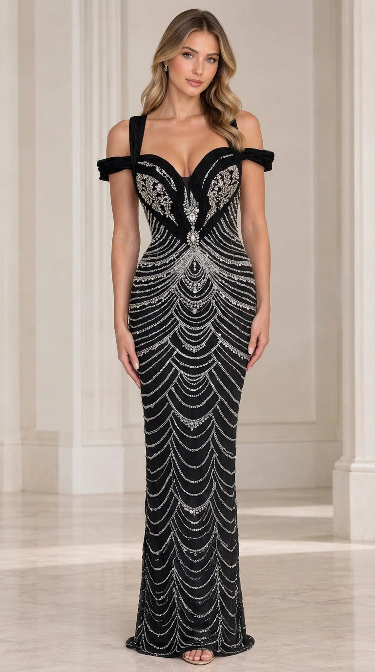 Black floor-length beaded evening gown with silver scalloped embellishments
