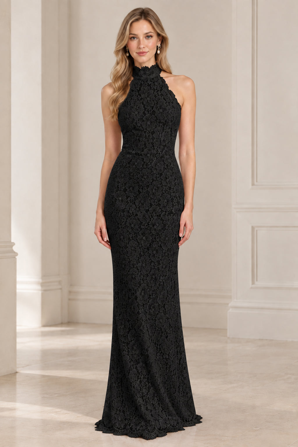 Black high neck halter backless lace evening maxi dress