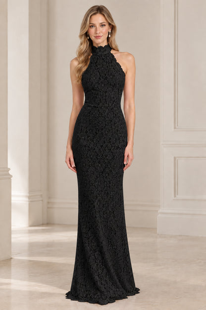 Black high neck halter backless lace evening maxi dress