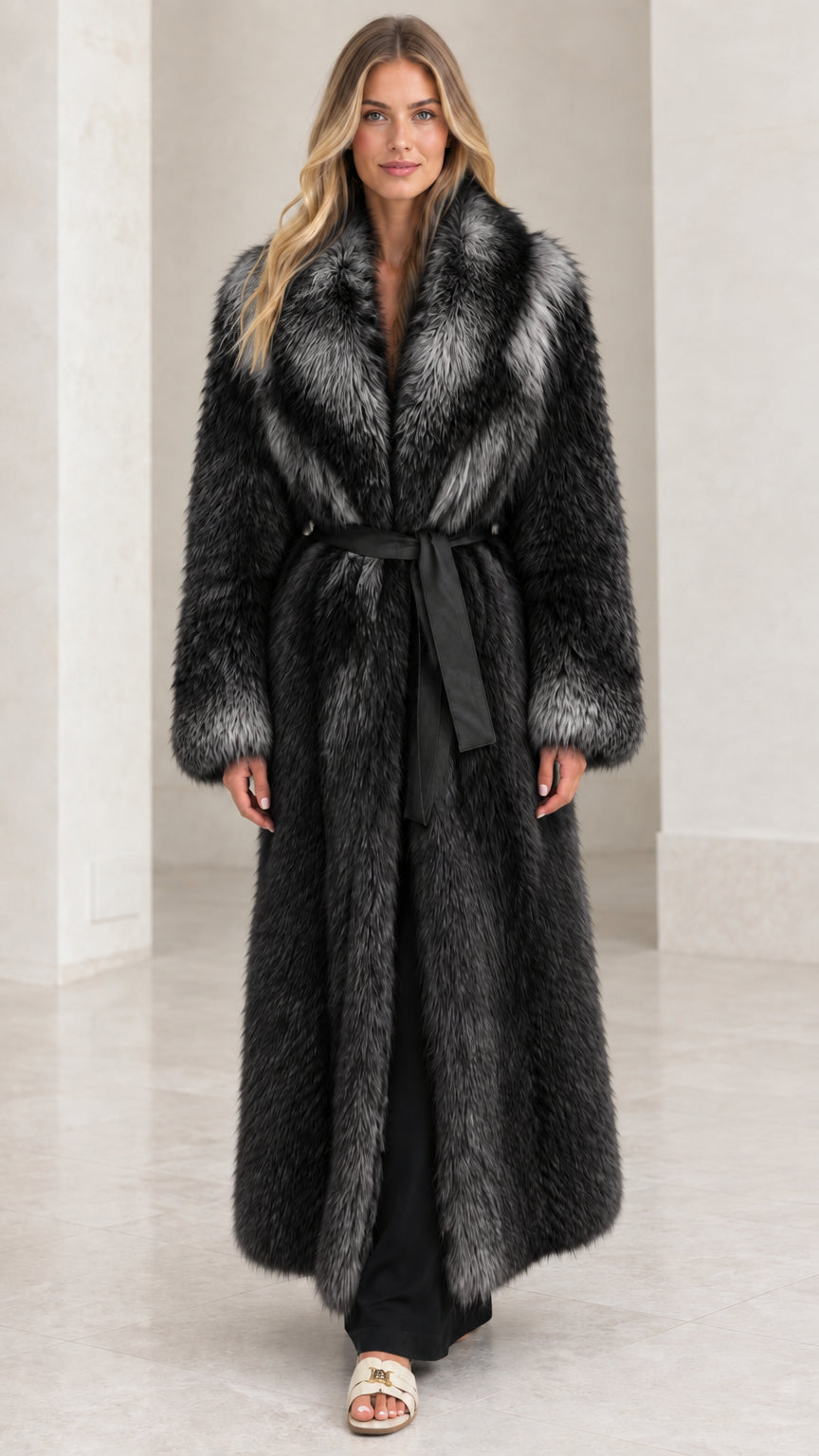 Front full-length view of Black Frost maxi faux fur coat