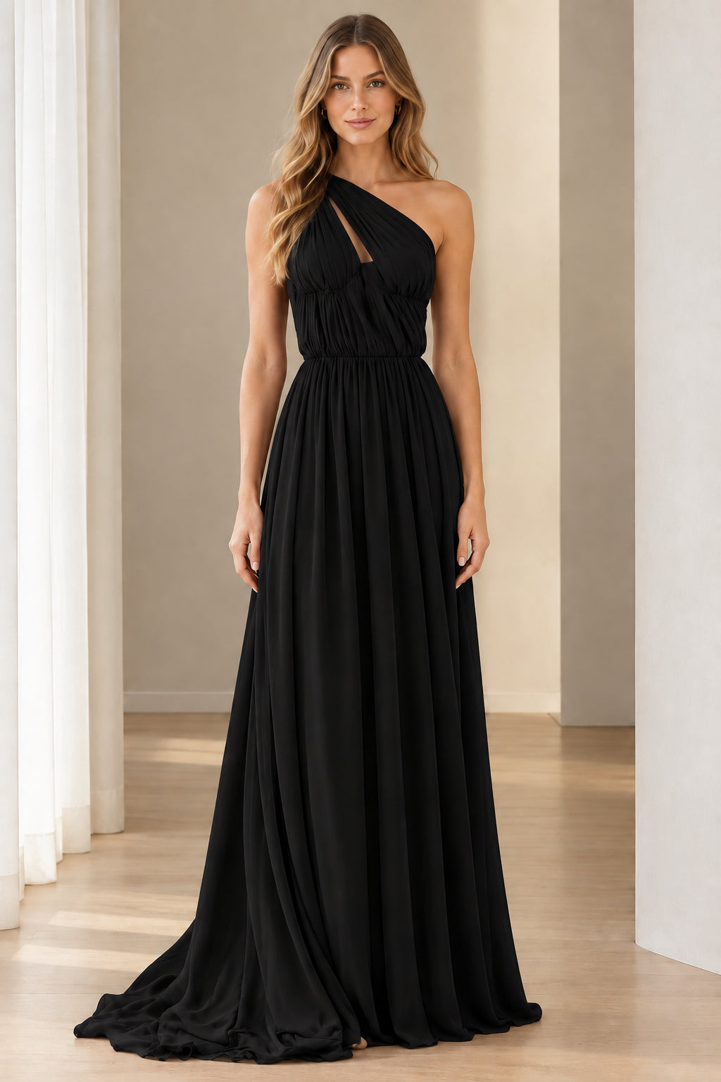 Black one-shoulder pleated chiffon maxi formal dress