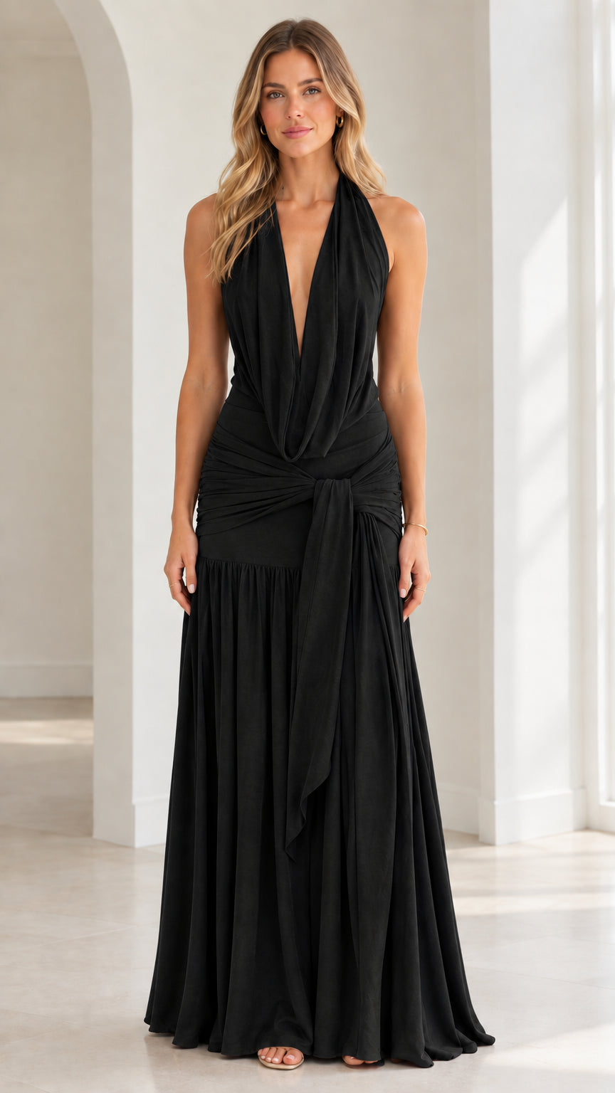 Black plunging halter backless maxi dress front view