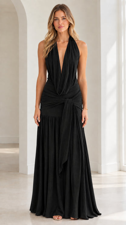 Black plunging halter backless maxi dress front view