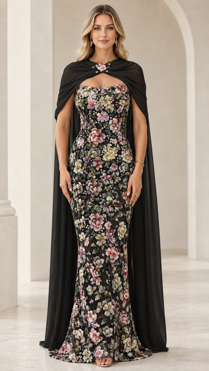 Black floral embroidered evening gown with sheer black capelet