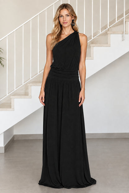 Front view of model wearing black one-shoulder ruched waist maxi dress