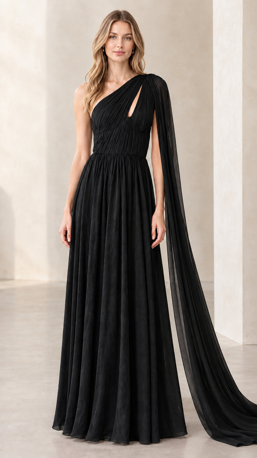 Black one-shoulder pleated cape maxi gown front view