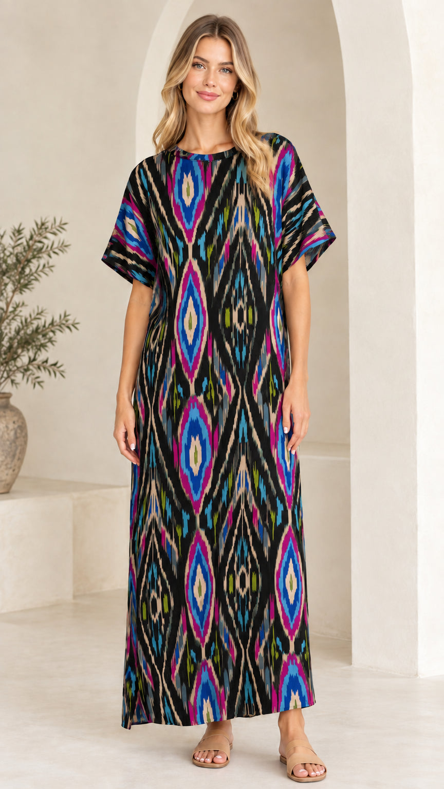 Woman wearing Black Multi ikat print short sleeve maxi dress