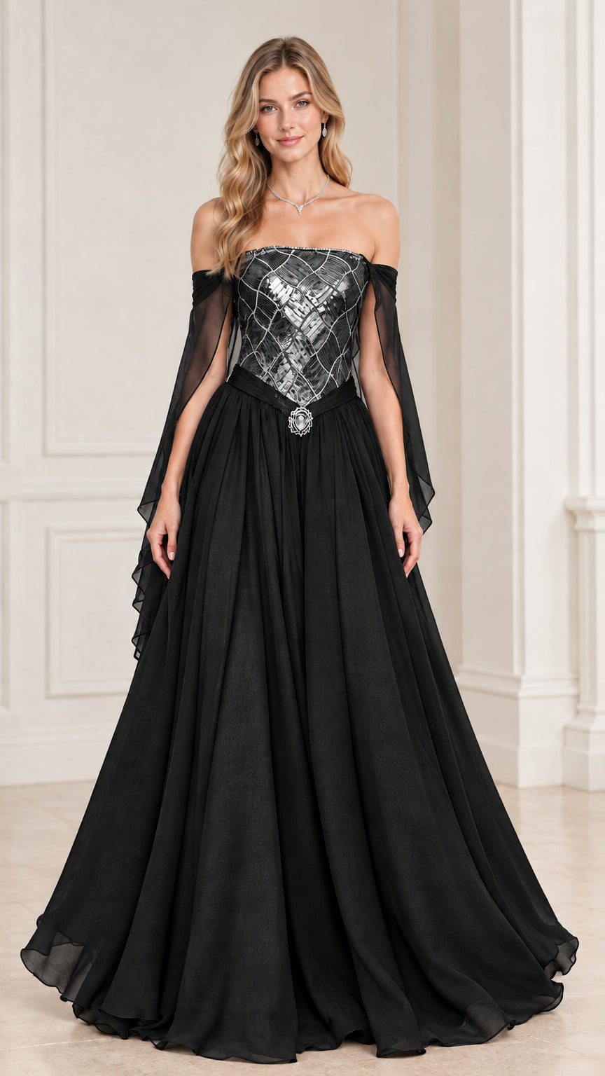 Model wearing Black off-the-shoulder sequin corset gown with draped sleeve panels