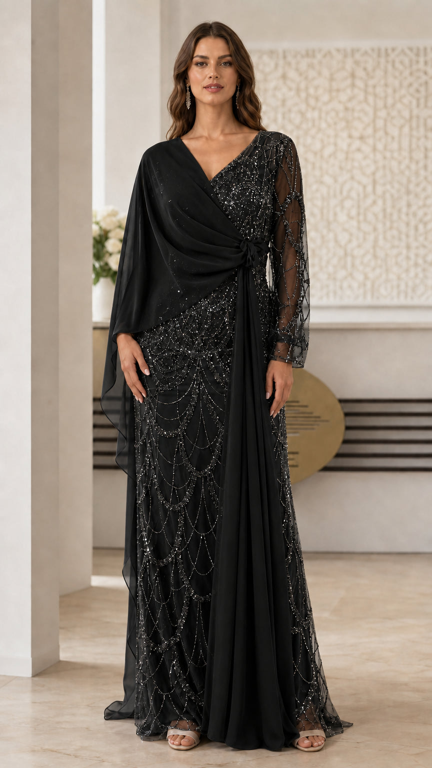 Full length view of black formal evening gown
