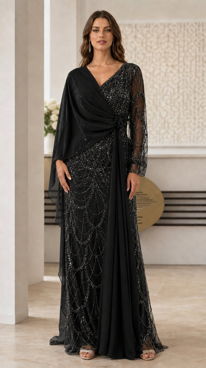 Full length view of black formal evening gown