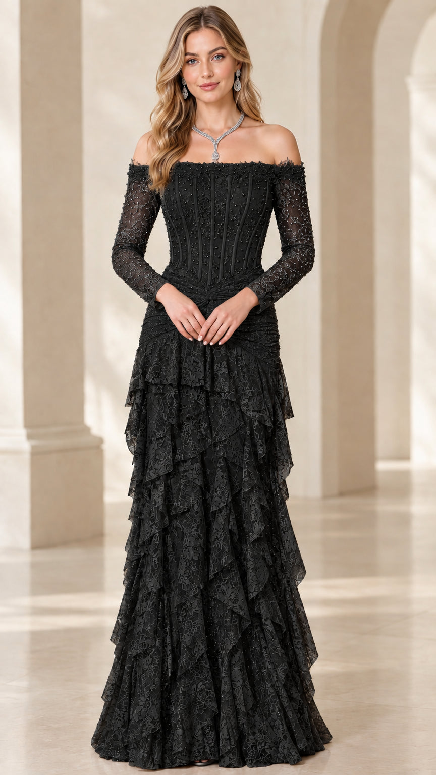 Black off-the-shoulder beaded corset tiered lace evening gown