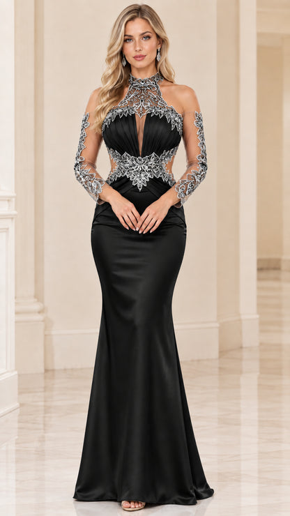 Front view of model wearing black satin illusion lace mermaid gown