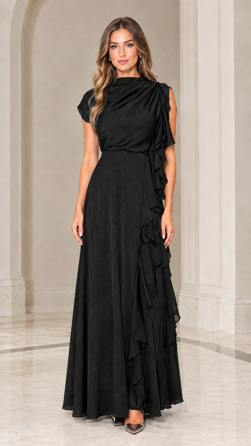 Black draped high neck formal maxi dress with side ruffle