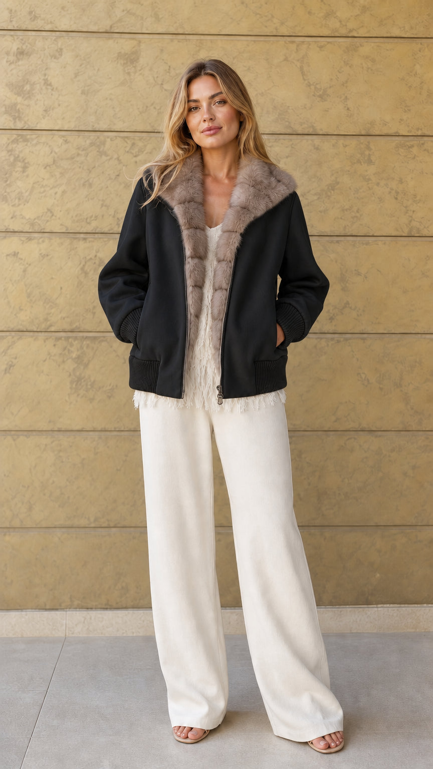 Front view of black faux-fur collar bomber jacket on model
