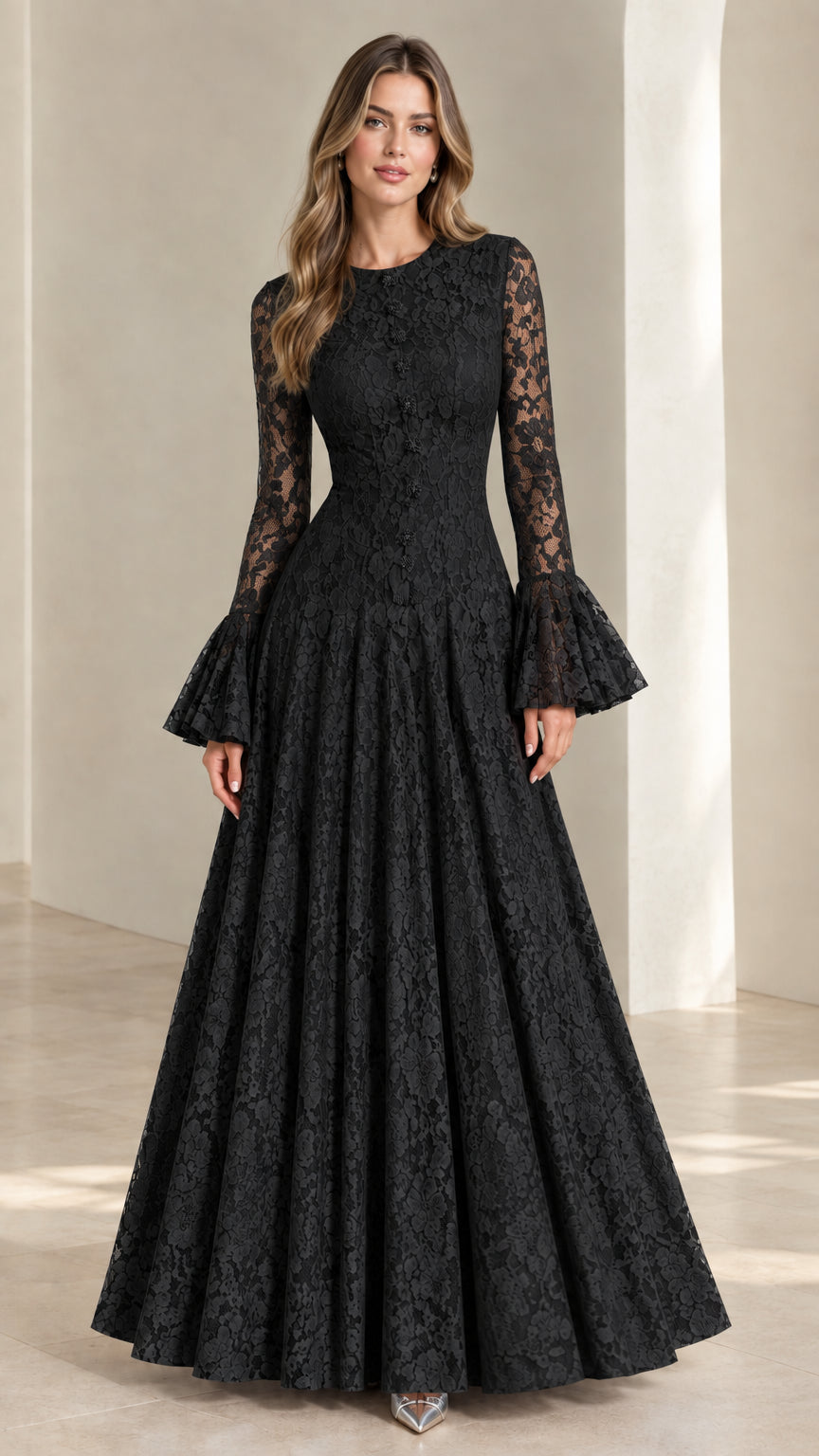 Full-length view of the Black lace evening maxi dress with bell cuffs