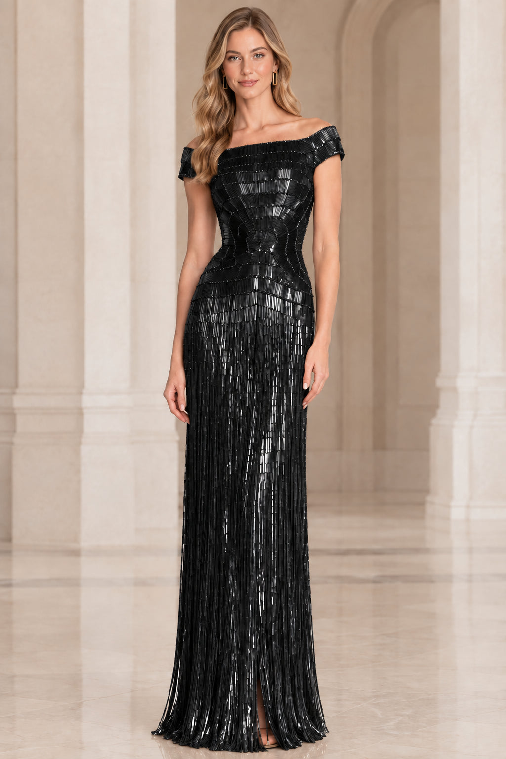 Front view of woman wearing black off-the-shoulder beaded column evening gown