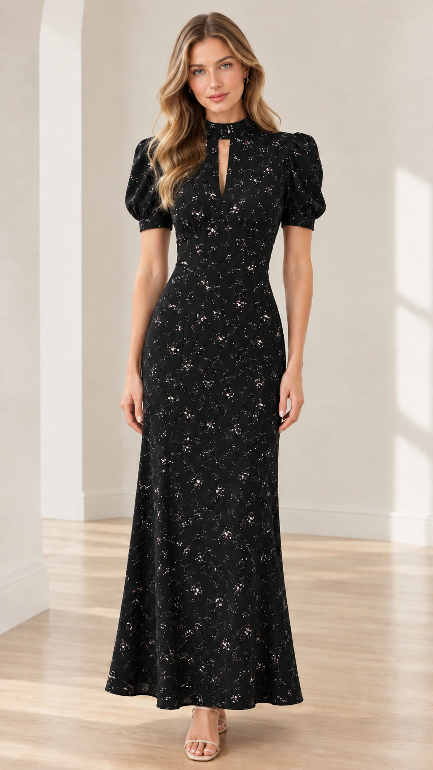 Black floral print puff sleeve keyhole cutout maxi dress on model